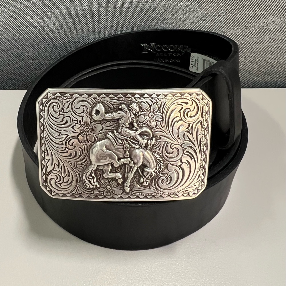 Nocona Silver Bronco Rider Buckle with Genuine Leather Belt 46”